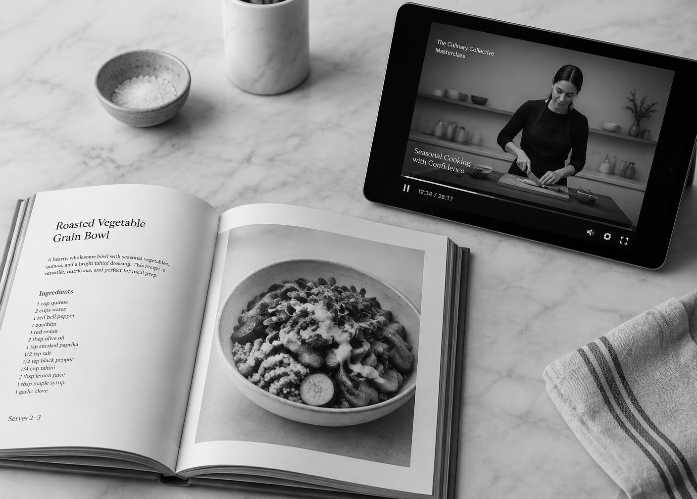 Ebook et masterclass vidéo posés sur un plan de travail